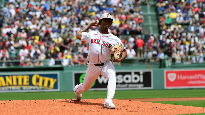 Boston, Massachusetts, USA; Boston Red Sox starting pitcher Brayan Bello (66) pitches during the first inning against the Atlanta Braves at Fenway Park.
