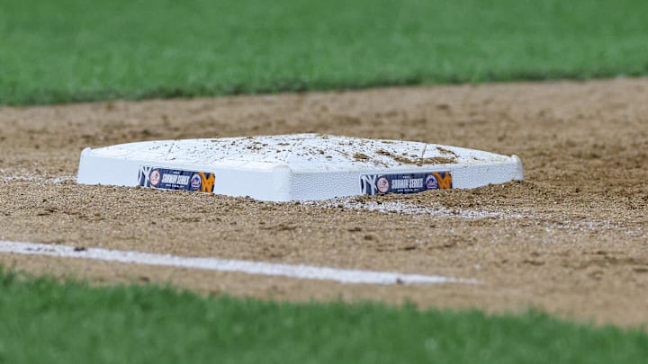 Jun 13, 2023; New York City, New York, USA; A view of the first base bag during the eighth inning