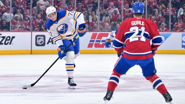 May 12, 2026; Montreal, Quebec, CAN; Buffalo Sabres forward Tage Thompson (72) scores a goal on a bad bounce while dumping the puck in the corner during the second period against the Montreal Canadiens in game four of the second round of the 2026 Stanley Cup Playoffs at Bell Centre. Mandatory Credit: Eric Bolte-Imagn Images