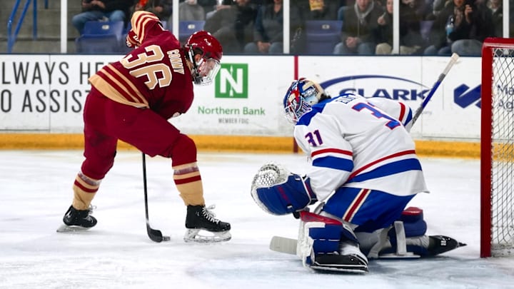 Ryan Conmy shoots the puck between his legs at Tsongas Center on Dec. 5, 2025.