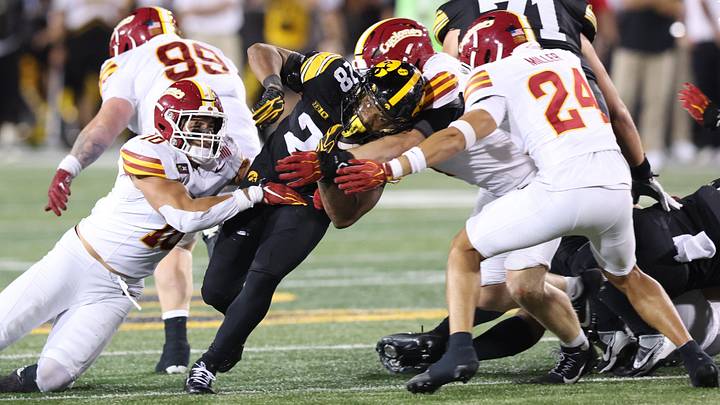 Sep 12, 2026; Iowa City, Iowa, USA; Iowa Hawkeyes running back Kamari Moulton (28) is tackled by. Iowa State Cyclones linebacker Carson Willich (10) during the fourth quarter at Kinnick Stadium. Mandatory Credit: Reese Strickland-Imagn Images Sep 12, 2026; Iowa City, Iowa, USA; Iowa Hawkeyes running back Kamari Moulton (28) is tackled by. Iowa State Cyclones linebacker Carson Willich (10) during the fourth quarter at Kinnick Stadium. Mandatory Credit: Reese Strickland-Imagn Images