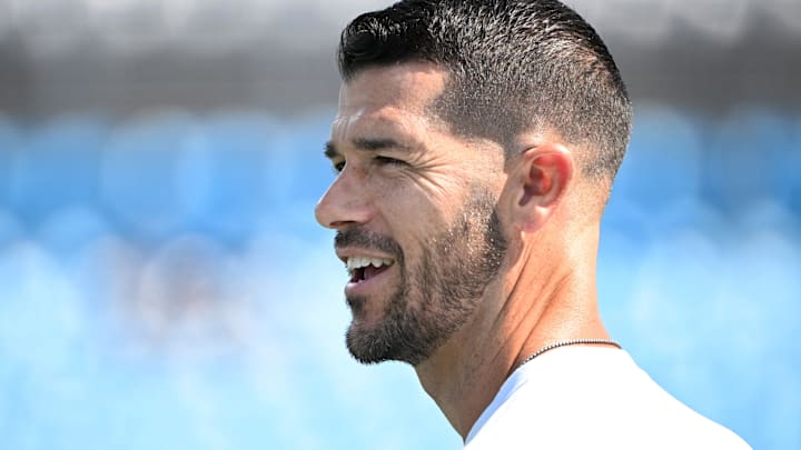 Sep 21, 2025; Charlotte, North Carolina, USA; Carolina Panthers head coach Dave Canales before the game at Bank of America Stadium. 