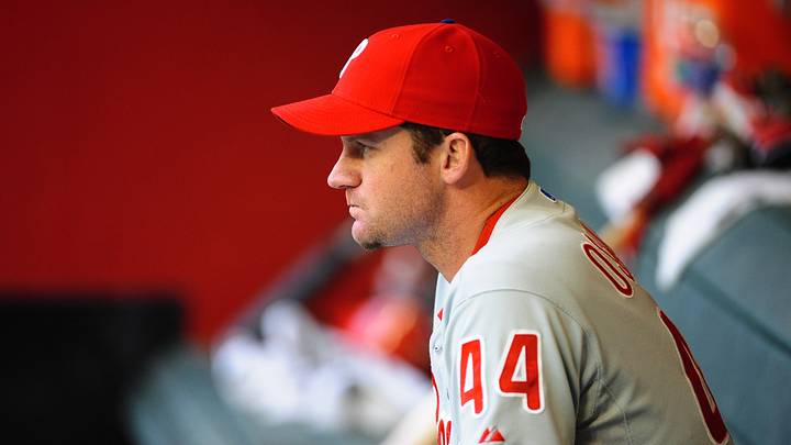 Apr. 25, 2011; Phoenix, AZ, USA; Philadelphia Phillies pitcher Roy Oswalt against the Arizona Diamondbacks at Chase Field. Mandatory Credit: Mark J. Rebilas-USA TODAY Sports