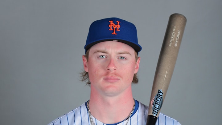 Feb 20, 2025; Port St. Lucie, FL, USA; New York Mets infielder Ryan Clifford (87) poses for a photo during picture day at Clover Park. Mandatory Credit: Sam Navarro-Imagn Images