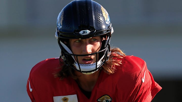 Jacksonville Jaguars quarterback Trevor Lawrence (16) looks to receive the snap during an NFL training camp session at the Miller Electric Center, Wednesday, Aug. 6, 2025, in Jacksonville, Fla. [Corey Perrine/Florida Times-Union]