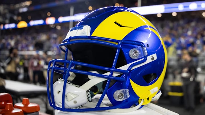 Jan 13, 2025; Glendale, AZ, USA; Detailed view of a Los Angeles Rams helmet during an NFC wild card game at State Farm Stadium. Mandatory Credit: Mark J. Rebilas-Imagn Images