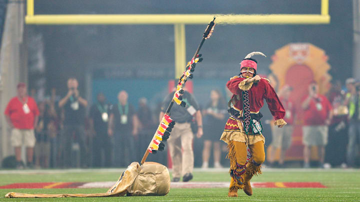 Dec 29, 2022; Orlando, Florida, USA; Florida State Seminoles Florida State Seminoles Chief Osceola plants a staff at midfield before the 2022 Cheez-It Bowl against the Oklahoma Sooners at Camping World Stadium. Mandatory Credit: Nathan Ray Seebeck-Imagn Images