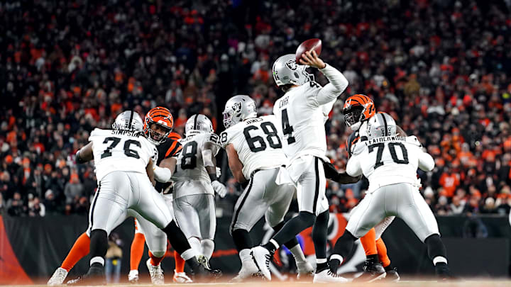 Las Vegas Raiders quarterback Derek Carr (4) throws from the pocket in the third quarter during an NFL AFC wild-card playoff game against the Cincinnati Bengals, Saturday, Jan. 15, 2022, at Paul Brown Stadium in Cincinnati. The Cincinnati Bengals defeated the Las Vegas Raiders, 26-19 to win the franchise's first playoff game in 30 years.
Las Vegas Raiders At Cincinnati Bengals Jan 15 Afc Wild Card Game Las Vegas Raiders quarterback Derek Carr (4) throws from the pocket in the third quarter during an NFL AFC wild-card playoff game against the Cincinnati Bengals, Saturday, Jan. 15, 2022, at Paul Brown Stadium in Cincinnati. The Cincinnati Bengals defeated the Las Vegas Raiders, 26-19 to win the franchise's first playoff game in 30 years.
Las Vegas Raiders At Cincinnati Bengals Jan 15 Afc Wild Card Game