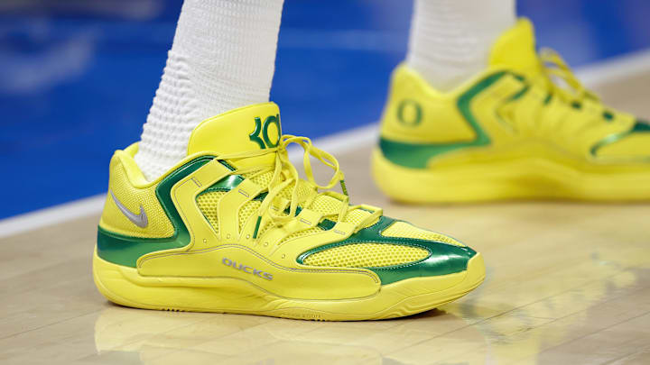 The Nike KD 18 "Oregon Ducks" colorway.