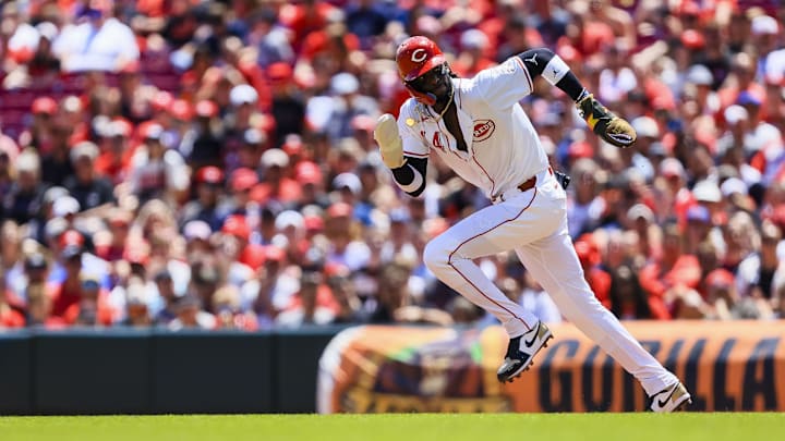 Cincinnati Reds shortstop Elly De La Cruz steals second in the third inning against the Cleveland Guardians at Great American Ball Park. Cincinnati Reds shortstop Elly De La Cruz steals second in the third inning against the Cleveland Guardians at Great American Ball Park.