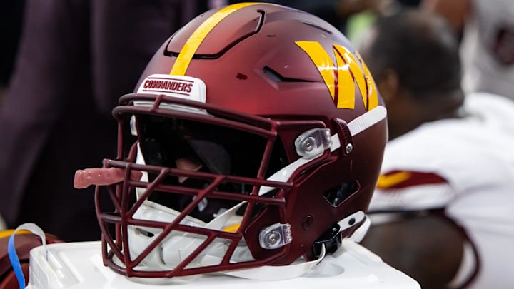 Detailed view of a Washington Commanders helmet at State Farm Stadium. Mandatory Credit: Mark J. Rebilas-Imagn Images