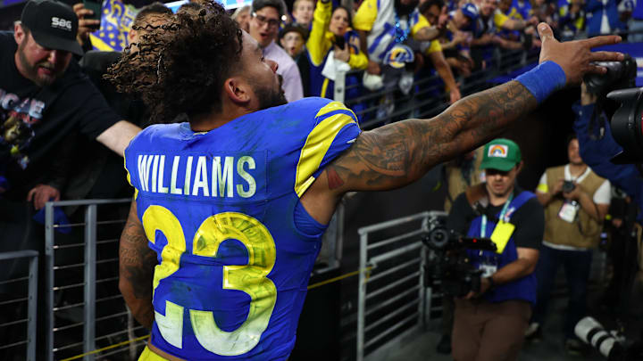 Jan 13, 2025; Glendale, AZ, USA; Los Angeles Rams running back Kyren Williams (23) reacts after the NFC wild card game against the Minnesota Vikings at State Farm Stadium. Mandatory Credit: Mark J. Rebilas-Imagn Images
