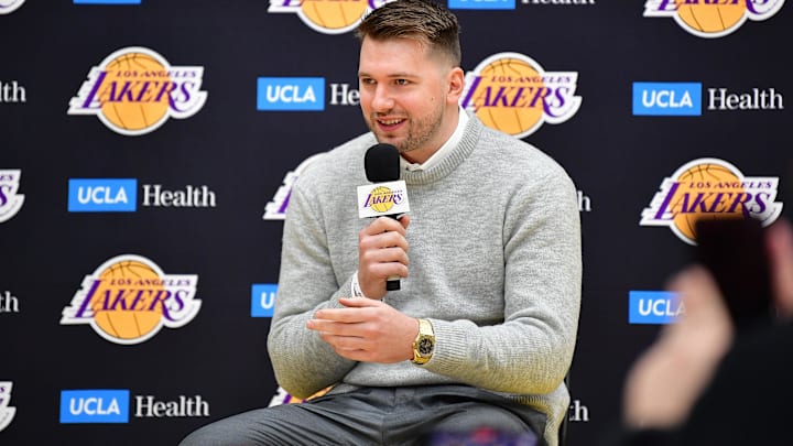 Los Angeles Lakers guard Luka Doncic is introduced at UCLA Health Training Center.
