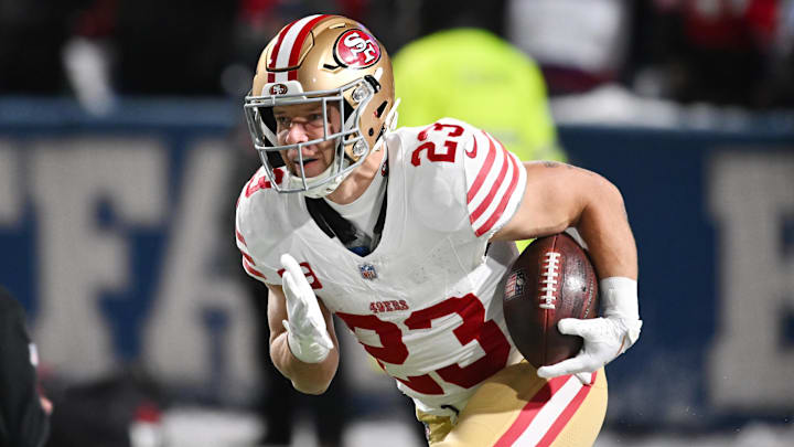 San Francisco 49ers running back Christian McCaffrey (23) warms up before a game against the Buffalo Bills at Highmark Stadium. 