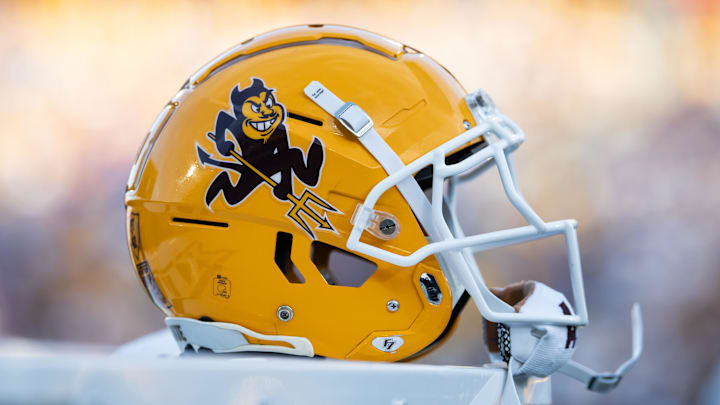 Nov 23, 2024; Tempe, Arizona, USA; Detailed view of an Arizona State Sun Devils helmet at Mountain America Stadium. Mandatory Credit: Mark J. Rebilas-Imagn Images Nov 23, 2024; Tempe, Arizona, USA; Detailed view of an Arizona State Sun Devils helmet at Mountain America Stadium. Mandatory Credit: Mark J. Rebilas-Imagn Images