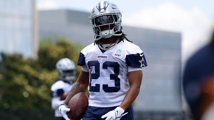 Dallas Cowboys RB Jaydon Blue goes through a drill during practice at the Ford Center at the Star Training Facility.