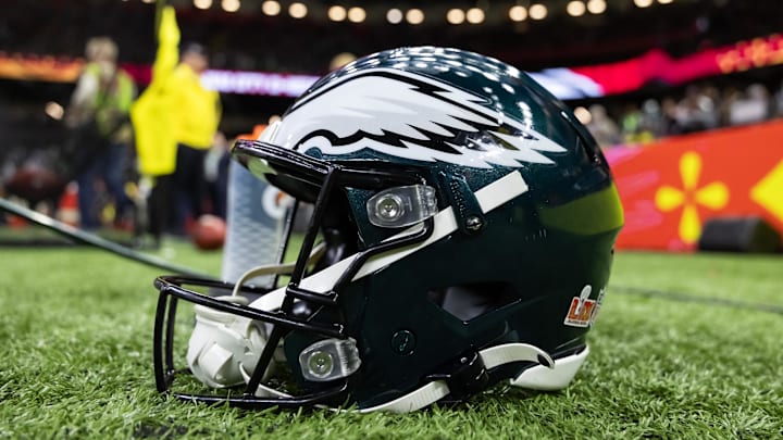 Detailed view of a Philadelphia Eagles helmet during Super Bowl LIX at Ceasars Superdome. 