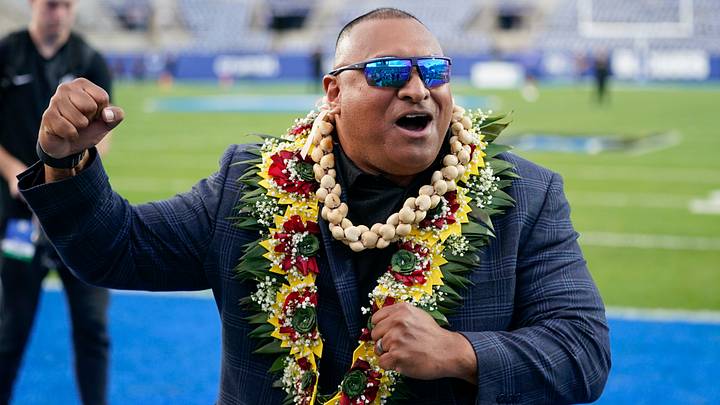 Oct 9, 2026; Provo, Utah, USA;  BYU Cougars head coach Kalani Sitake arrives prior to a game against the Iowa State Cyclones at LaVell Edwards Stadium.  Mandatory Credit: Aaron Baker-Imagn Images