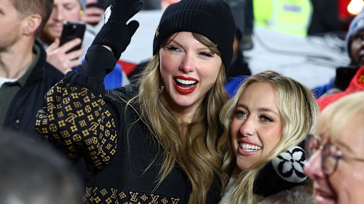 Recording artist Taylor Swift and Brittany Mahomes react after the AFC Championship game against the Buffalo Bills at GEHA Field at Arrowhead Stadium. Recording artist Taylor Swift and Brittany Mahomes react after the AFC Championship game against the Buffalo Bills at GEHA Field at Arrowhead Stadium.