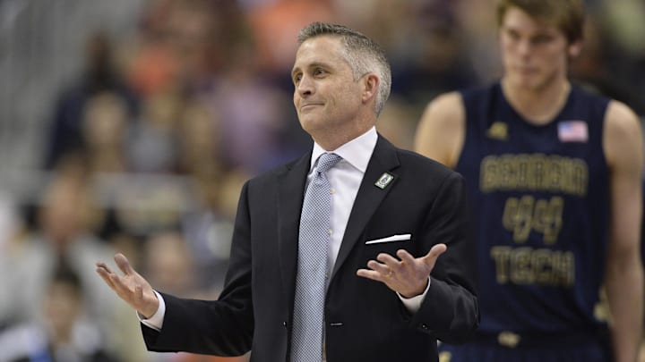Mar 10, 2016; Washington, DC, USA; Georgia Tech Yellow Jackets head coach Brian Gregory reacts after a call on the court.