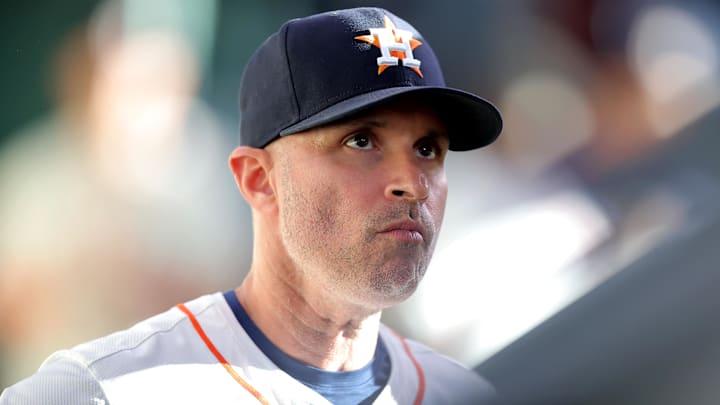 May 14, 2024; Houston, Texas, USA; Houston Astros manager Joe Espada (19) in the dugout prior to the game against the Oakland Athletics at Minute Maid Park. Mandatory Credit: Erik Williams-USA TODAY Sports