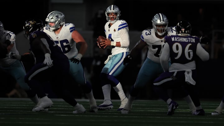 Sep 22, 2024; Arlington, Texas, USA; Dallas Cowboys quarterback Dak Prescott (4) throws during the second half against the Baltimore Ravens at AT&T Stadium. Sep 22, 2024; Arlington, Texas, USA; Dallas Cowboys quarterback Dak Prescott (4) throws during the second half against the Baltimore Ravens at AT&T Stadium.