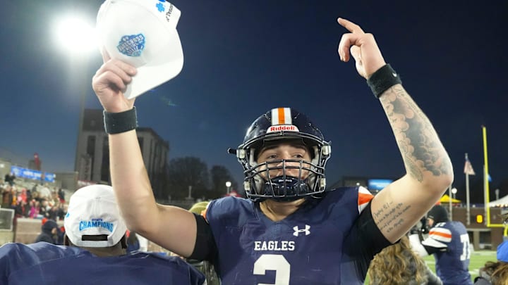 Nashville Christian's Jared Curtis (2) celebrates after the win over Columbia Academy in the TSSAA Bluecross Bowl on Thursday, Dec. 5, 2024, in Chattanooga, Tenn.