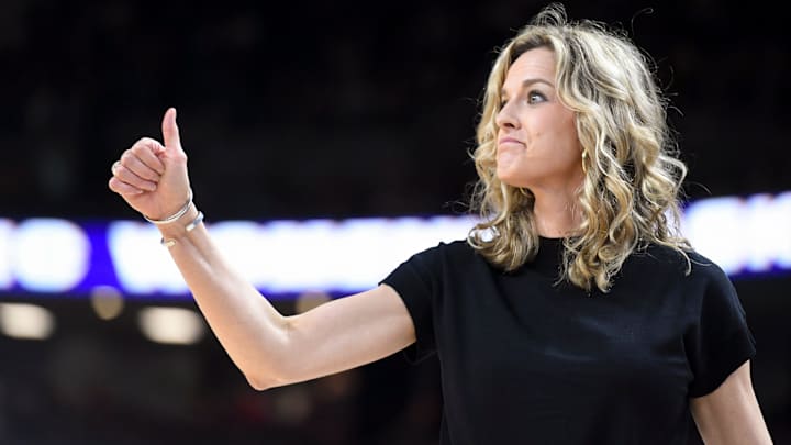 Oklahoma coach Jennie Baranczyk on the sideline at the SEC Tournament.