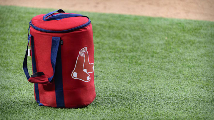 Apr 29, 2021; Arlington, Texas, USA; A view of the Boston Red Sox logo and a field bag during batting practice before the game between the Texas Rangers and the Boston Red Sox at Globe Life Field. Mandatory Credit: Jerome Miron-Imagn Images Apr 29, 2021; Arlington, Texas, USA; A view of the Boston Red Sox logo and a field bag during batting practice before the game between the Texas Rangers and the Boston Red Sox at Globe Life Field. Mandatory Credit: Jerome Miron-Imagn Images