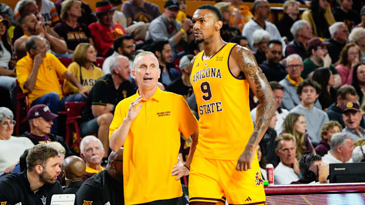 Mar 8, 2025; Tempe, Arizona, USA; Arizona State Sun Devils head coach Bobby Hurley talks to center Shawn Phillips Jr (9) during the second half against the Texas Tech Red Raiders at Desert Financial Arena. Mandatory Credit: Arianna Grainey-Imagn Images