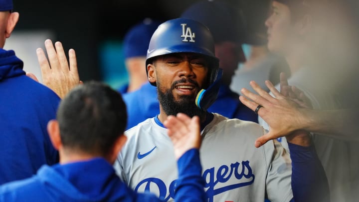 Jun 19, 2024; Denver, Colorado, USA; Los Angeles Dodgers outfielder Teoscar Hernández (37) celebrates scoring a run in the fifth inning against the Colorado Rockies at Coors Field. Mandatory Credit: Ron Chenoy-USA TODAY Sports Jun 19, 2024; Denver, Colorado, USA; Los Angeles Dodgers outfielder Teoscar Hernández (37) celebrates scoring a run in the fifth inning against the Colorado Rockies at Coors Field. Mandatory Credit: Ron Chenoy-USA TODAY Sports