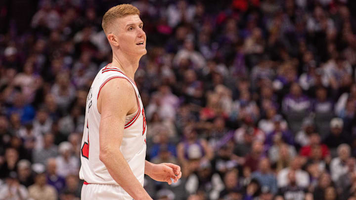 Mar 20, 2025; Sacramento, California, USA; Chicago Bulls guard Kevin Huerter (13) reacts after scoring against the Sacramento Kings during the third quarter at Golden 1 Center. Mandatory Credit: Ed Szczepanski-Imagn Images