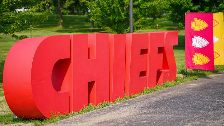 Chiefs logo letters during training camp on Jul 22, 2024.