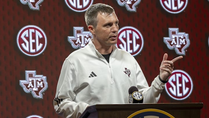 Oct 15, 2025; Birmingham, AL, USA; Texas A&M Aggies head coach Bucky McMillan talks with the media during SEC Media Days at Grand Bohemian Hotel. Mandatory Credit: Vasha Hunt-Imagn Images