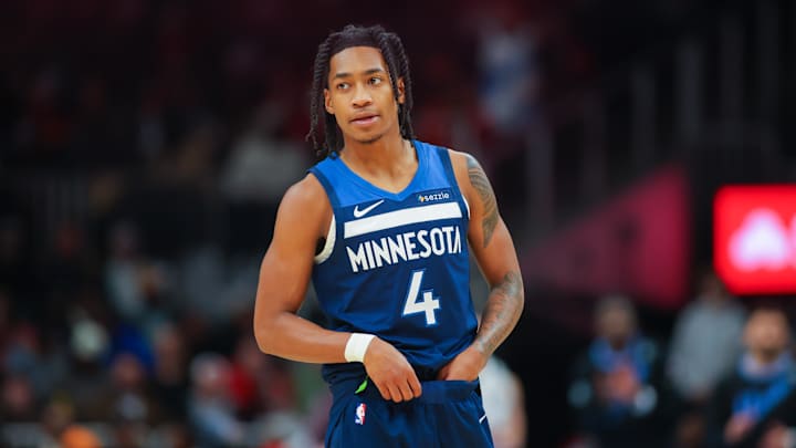 Minnesota Timberwolves guard Rob Dillingham in action against the Atlanta Hawks in the fourth quarter at State Farm Arena in Atlanta on Dec. 23, 2024.