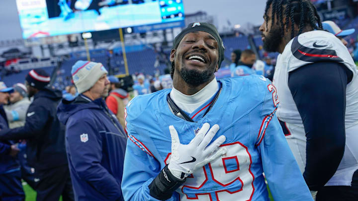 Tennessee Titans cornerback Jarvis Brownlee Jr. (29) leaves the field after the game with the Houston Texans at Nissan Stadium in Nashville, Tenn., Sunday, Jan. 5, 2025.