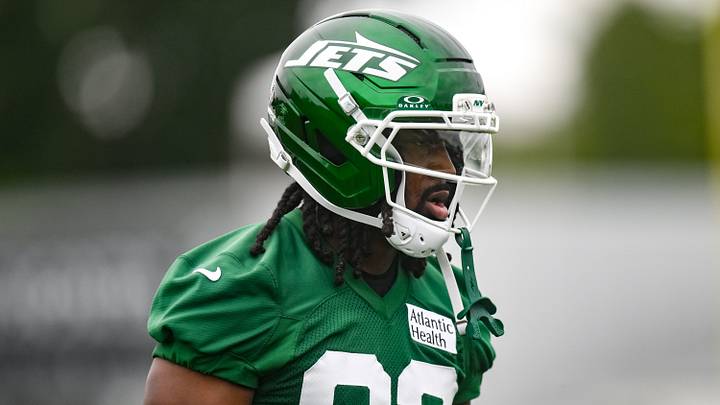 Jul 29, 2026; Florham Park, NJ, USA; New York Jets wide receiver Omar Cooper Jr. (83) participates in a drill during training camp at Atlantic Health Jets Training Center. Mandatory Credit: John Jones-Imagn Images Jul 29, 2026; Florham Park, NJ, USA; New York Jets wide receiver Omar Cooper Jr. (83) participates in a drill during training camp at Atlantic Health Jets Training Center. Mandatory Credit: John Jones-Imagn Images