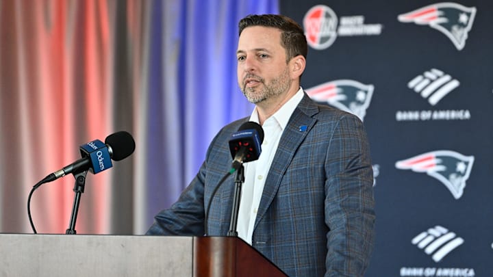 Mar 13, 2025; Foxborough, MA, USA; New England Patriots executive vice president of player personnel Eliot Wolf  discusses the teamís recent free agent additions with the media at Gillette Stadium. Mandatory Credit: Eric Canha-Imagn Images