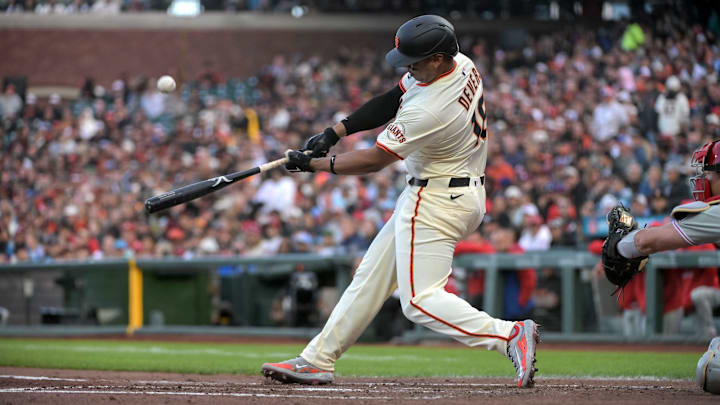 Jul 7, 2025; San Francisco, California, USA; San Francisco Giants designated hitter Rafael Devers (16) hits a single during the third inning of the game against the Philadelphia Phillies at Oracle Park. Jul 7, 2025; San Francisco, California, USA; San Francisco Giants designated hitter Rafael Devers (16) hits a single during the third inning of the game against the Philadelphia Phillies at Oracle Park.