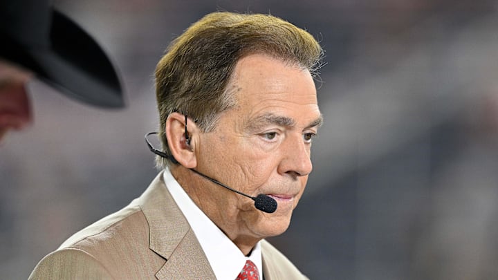 Jan 10, 2025; Arlington, TX, USA;  ESPN College Gameday analyst Nick Saban before the game between the Texas Longhorns and the Ohio State Buckeyes at AT&T Stadium. 