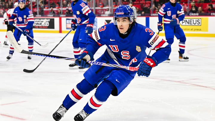 RHD prospect Logan Hensler at the 2025 IIHF World Junior Championship Quarterfinals