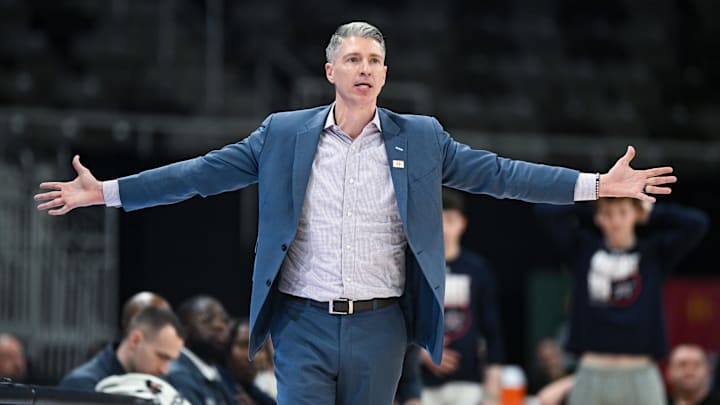 Mar 11, 2025; Indianapolis, IN, USA; Robert Morris Colonials head coach Andrew Toole during the second half against the Youngstown State Penguins at Corteva Coliseum. Mandatory Credit: Robert Goddin-Imagn Images Mar 11, 2025; Indianapolis, IN, USA; Robert Morris Colonials head coach Andrew Toole during the second half against the Youngstown State Penguins at Corteva Coliseum. Mandatory Credit: Robert Goddin-Imagn Images