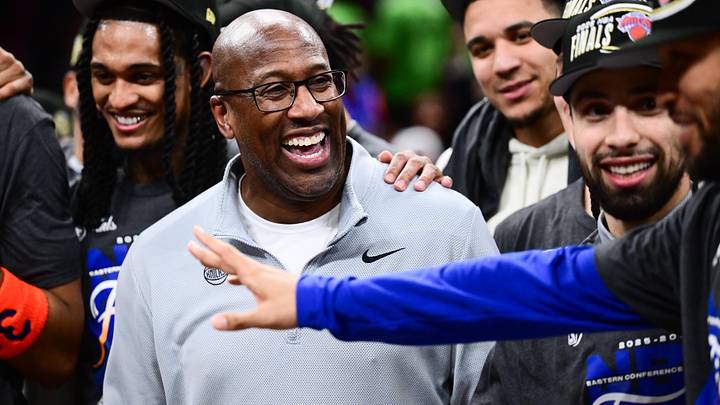 May 25, 2026; Cleveland, Ohio, USA; New York Knicks head coach Mike Brown reacts after defeating the Cleveland Cavaliers in game four of the eastern conference finals for the 2026 NBA playoffs at Rocket Arena. Mandatory Credit: Ken Blaze-Imagn Images