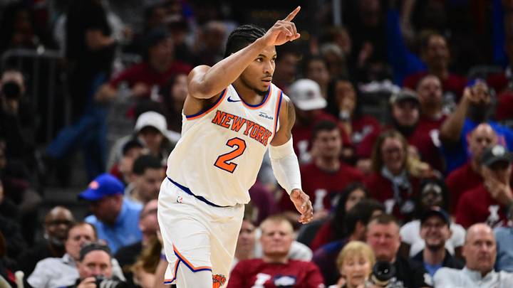 May 25, 2026; Cleveland, Ohio, USA; New York Knicks guard Miles McBride (2) reacts in the fourth quarter against the Cleveland Cavaliers during game four of the eastern conference finals for the 2026 NBA playoffs at Rocket Arena. Mandatory Credit: Ken Blaze-Imagn Images May 25, 2026; Cleveland, Ohio, USA; New York Knicks guard Miles McBride (2) reacts in the fourth quarter against the Cleveland Cavaliers during game four of the eastern conference finals for the 2026 NBA playoffs at Rocket Arena. Mandatory Credit: Ken Blaze-Imagn Images