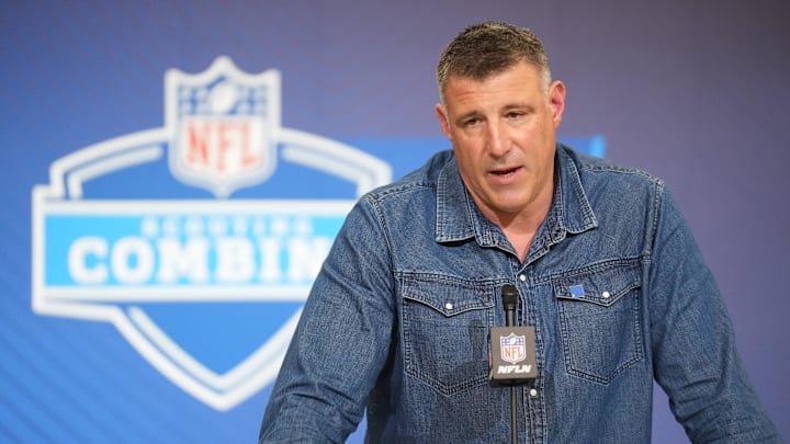Feb 25, 2026; Indianapolis, IN, USA; New England Patriots coach Mike Vrabel speaks during the NFL Scouting Combine at the Indiana Convention Center. Mandatory Credit: Kirby Lee-Imagn Images