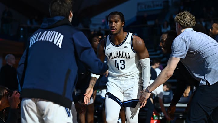 Nov 19, 2024; Villanova, Pennsylvania, USA; Villanova Wildcats forward Eric Dixon (43) is introduced before the game against the Penn Quakers at William B. Finneran Pavilion. Mandatory Credit: Kyle Ross-Imagn Images