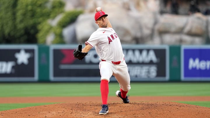 Jun 3, 2024; Anaheim, California, USA; Los Angeles Angels pitcher Tyler Anderson (31) throws in the second inning against the San Diego Padres at Angel Stadium. Mandatory Credit: Kirby Lee-USA TODAY Sports