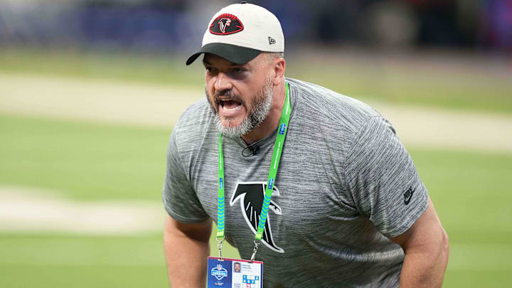Mar 2, 2025; Indianapolis, IN, USA; Atlanta Falcons offensive line coach Dwayne Ledford during the 2025 NFL Scouting Combine at Lucas Oil Stadium. Mandatory Credit: Kirby Lee-Imagn Images Mar 2, 2025; Indianapolis, IN, USA; Atlanta Falcons offensive line coach Dwayne Ledford during the 2025 NFL Scouting Combine at Lucas Oil Stadium. Mandatory Credit: Kirby Lee-Imagn Images