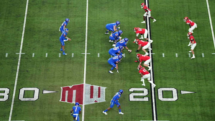 A general overall view as Boise State Broncos quarterback Taylen Green (10) prepares to take the snap against the UNLV Rebels on the Mountain West conference logo in the first half during the Mountain West Championship at Allegiant Stadium. Mandatory Credit: Kirby Lee-Imagn Images A general overall view as Boise State Broncos quarterback Taylen Green (10) prepares to take the snap against the UNLV Rebels on the Mountain West conference logo in the first half during the Mountain West Championship at Allegiant Stadium. Mandatory Credit: Kirby Lee-Imagn Images