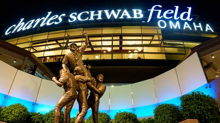 Jun 17, 2026; Omaha, NE, USA; The “Road to Omaha” statue stands outside the ballpark after the game between the Oklahoma Sooners and the Georgia Bulldogs at Charles Schwab Field. Mandatory Credit: Dylan Widger-Imagn Images